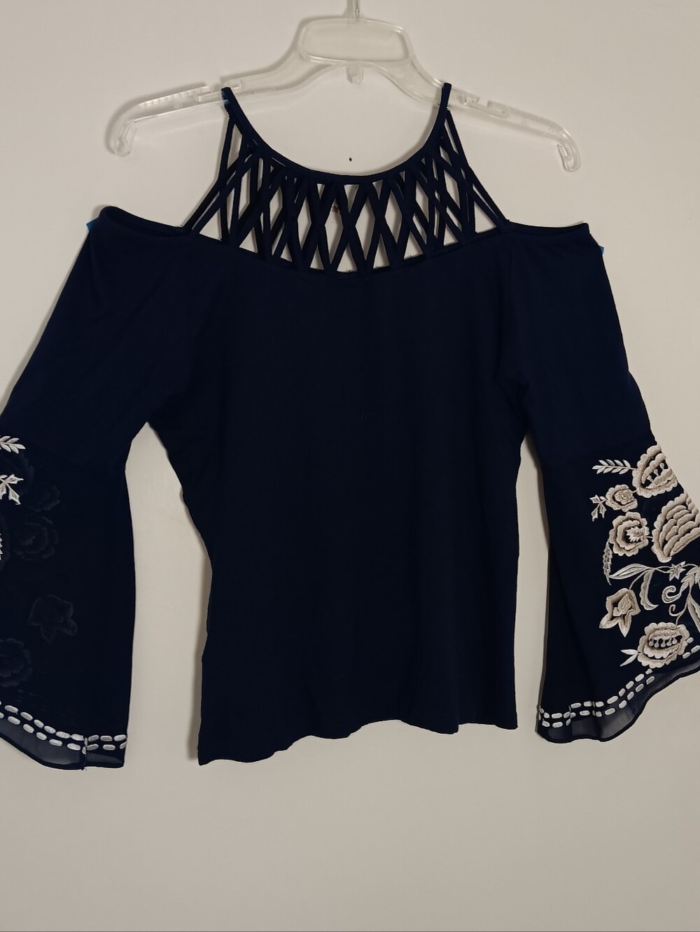 Women’s Navy Cold-Shoulder Embroidered Bell Sleeve Top